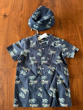 NWT Janie & Jack Island Palm Tree Shirt with matching bucket hat